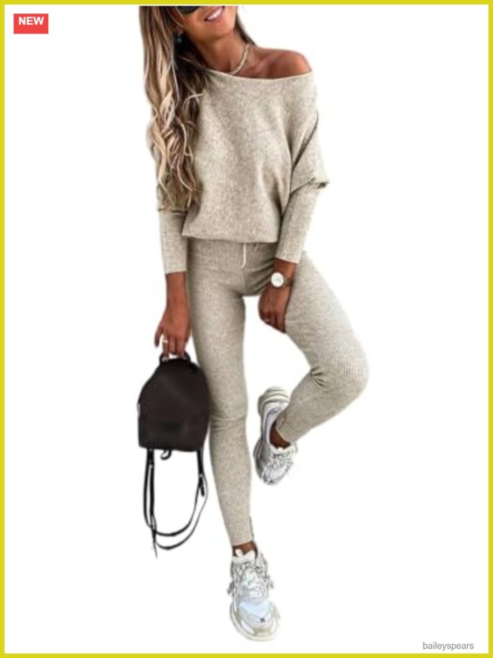 Knit 2 Piece Lounge Set Batwing Sleeve Pullover Drawstring Pants Womens